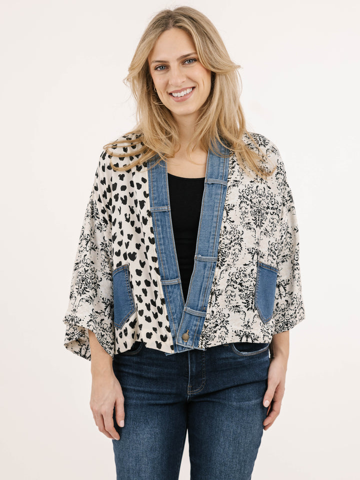 Karol Ivory Mix Denim Detail Short Cardigan