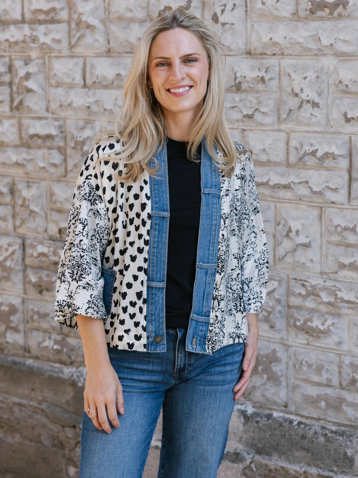 Karol Ivory Mix Denim Detail Short Cardigan