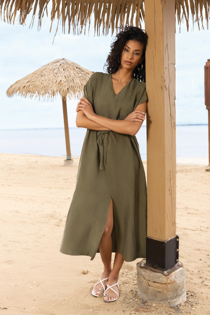 Khaki Tie Waist V-Neck Dress