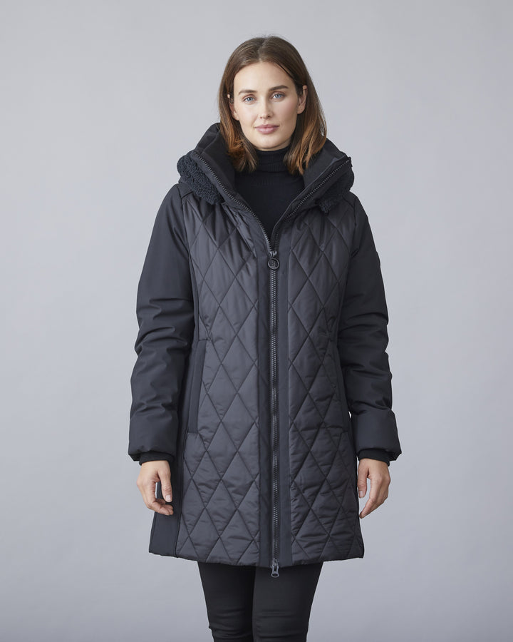 Kit Black Sleek Diamond Quilted Coat