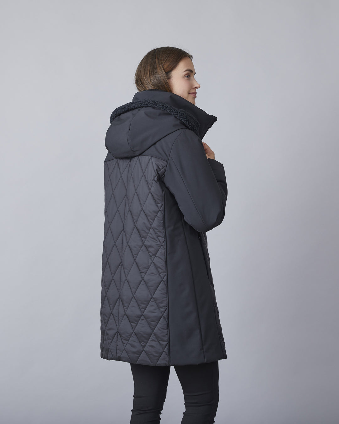 Kit Black Sleek Diamond Quilted Coat