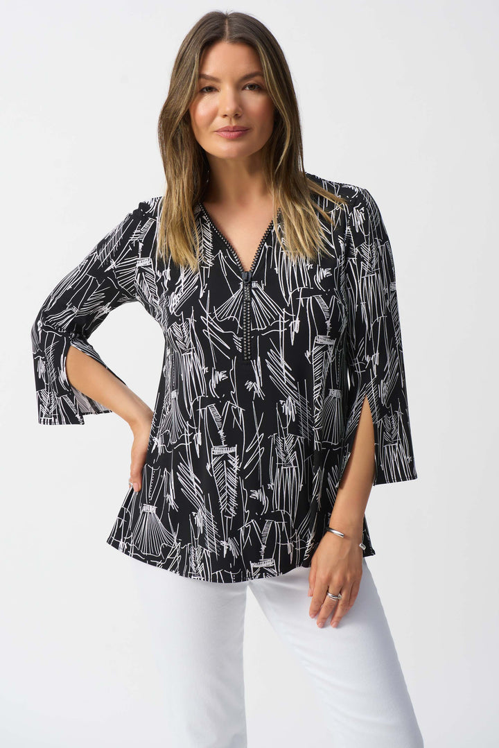 Ladies Sketch Print Zip V-Neck Top