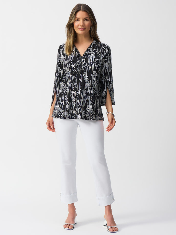 Ladies Sketch Print Zip V-Neck Top