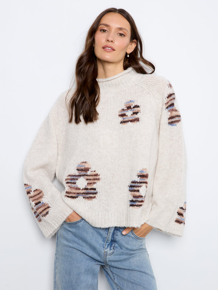 Lake Tahoe Flower Embellished Funnel Neck Sweater
