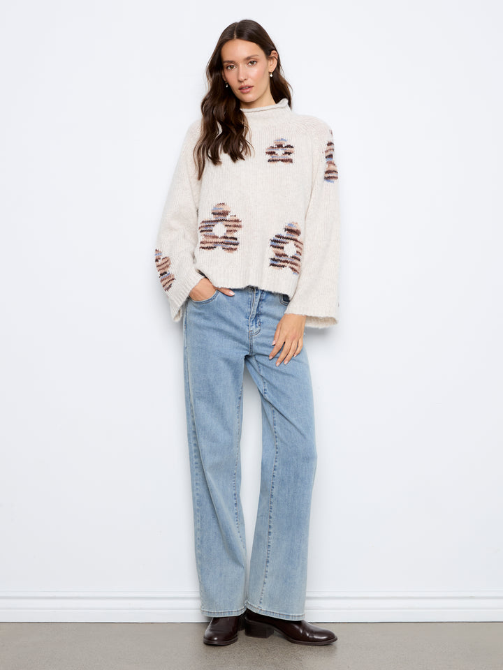 Lake Tahoe Flower Embellished Funnel Neck Sweater