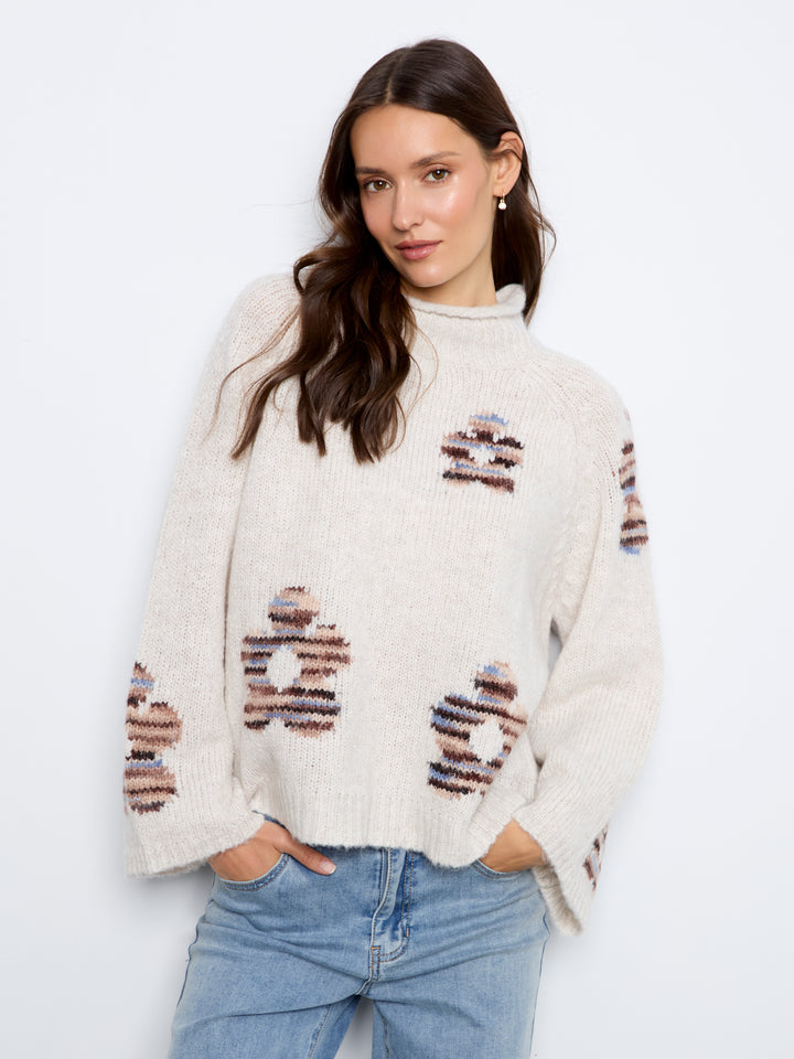 Lake Tahoe Flower Embellished Funnel Neck Sweater