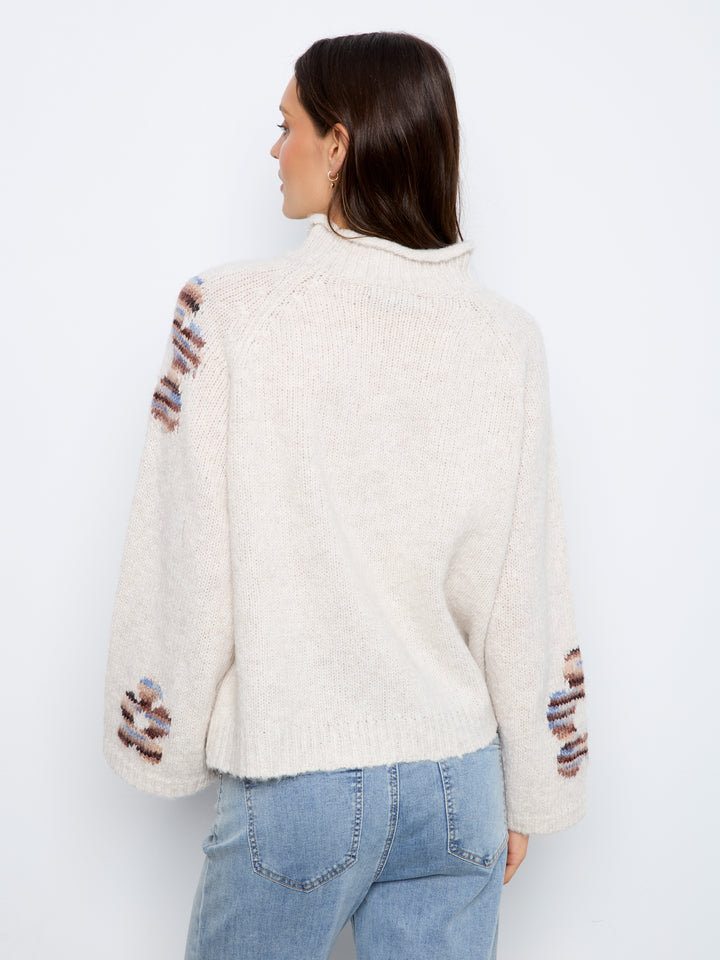 Lake Tahoe Flower Embellished Funnel Neck Sweater
