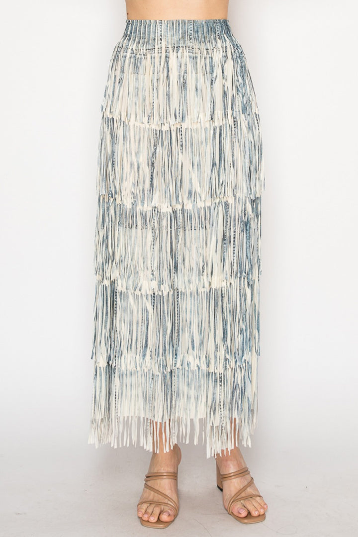 Layered Denim Print Fringe Tiered Skirt