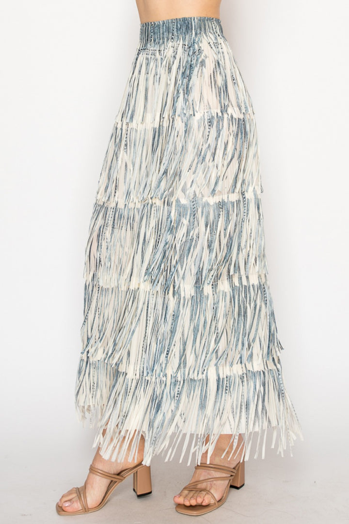 Layered Denim Print Fringe Tiered Skirt