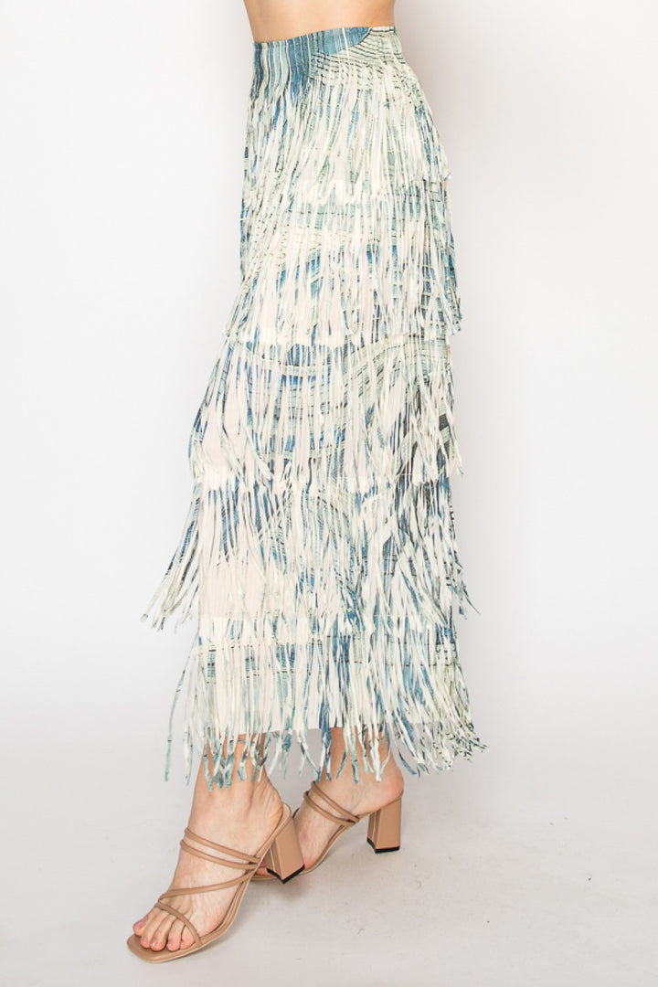 Layered Denim Print Fringe Tiered Skirt