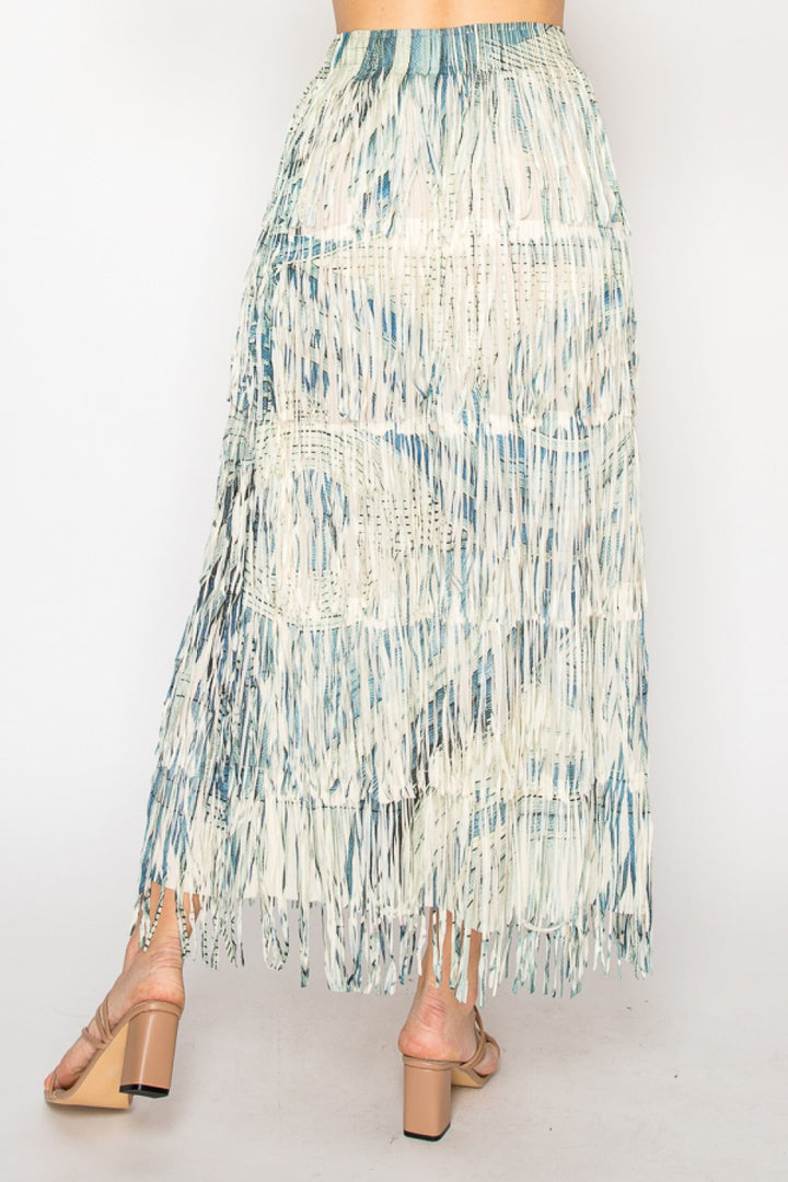 Layered Denim Print Fringe Tiered Skirt