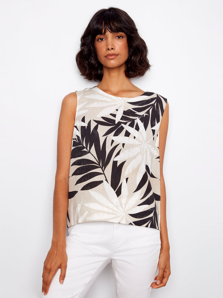 Leaflet Print Top With Back Button Detail
