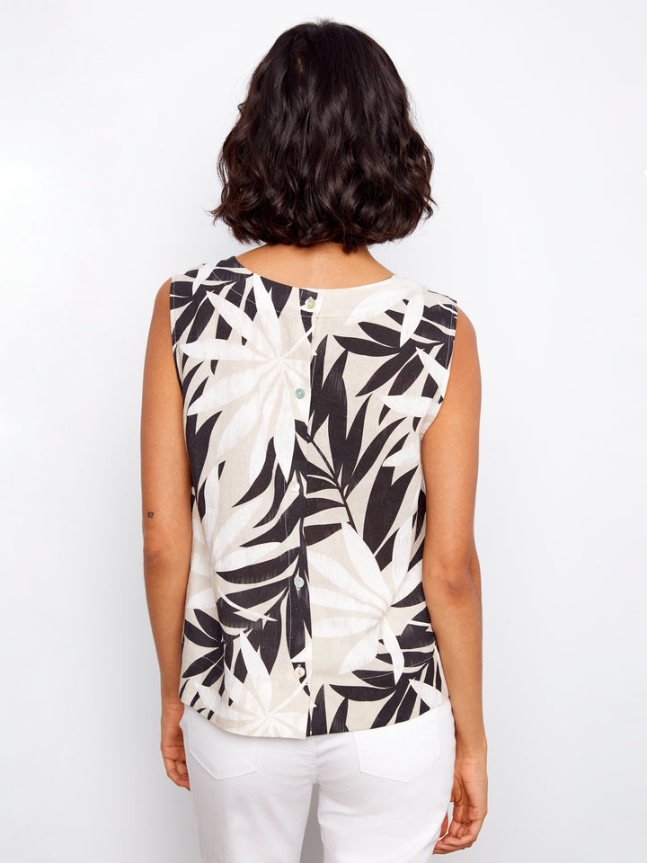 Leaflet Print Top With Back Button Detail
