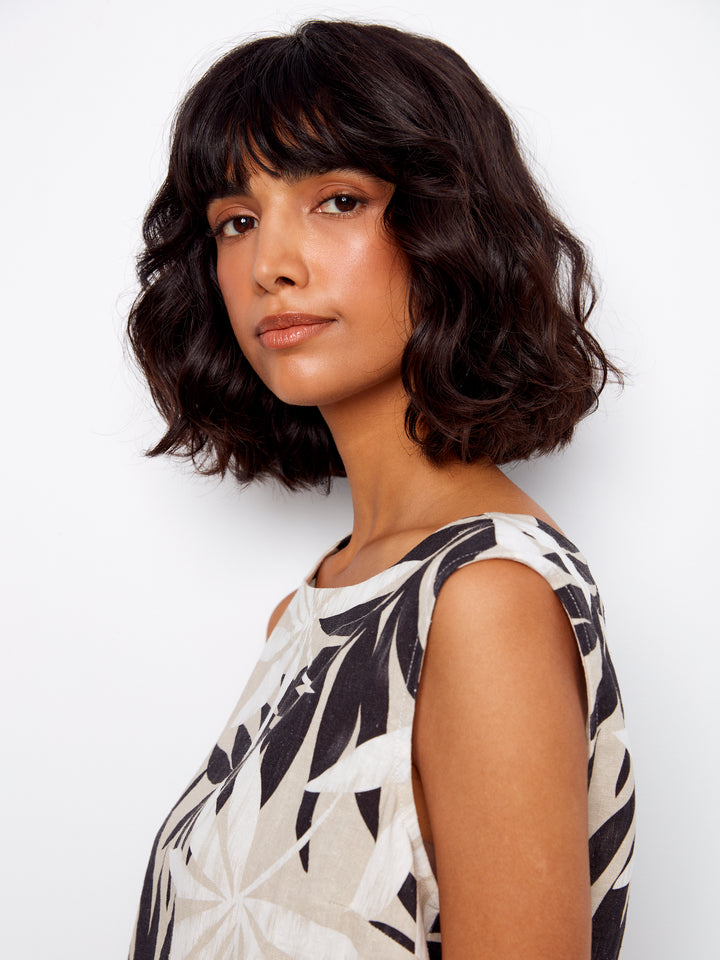 Leaflet Print Top With Back Button Detail