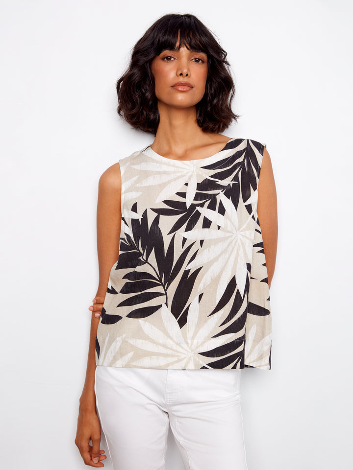 Leaflet Print Top With Back Button Detail