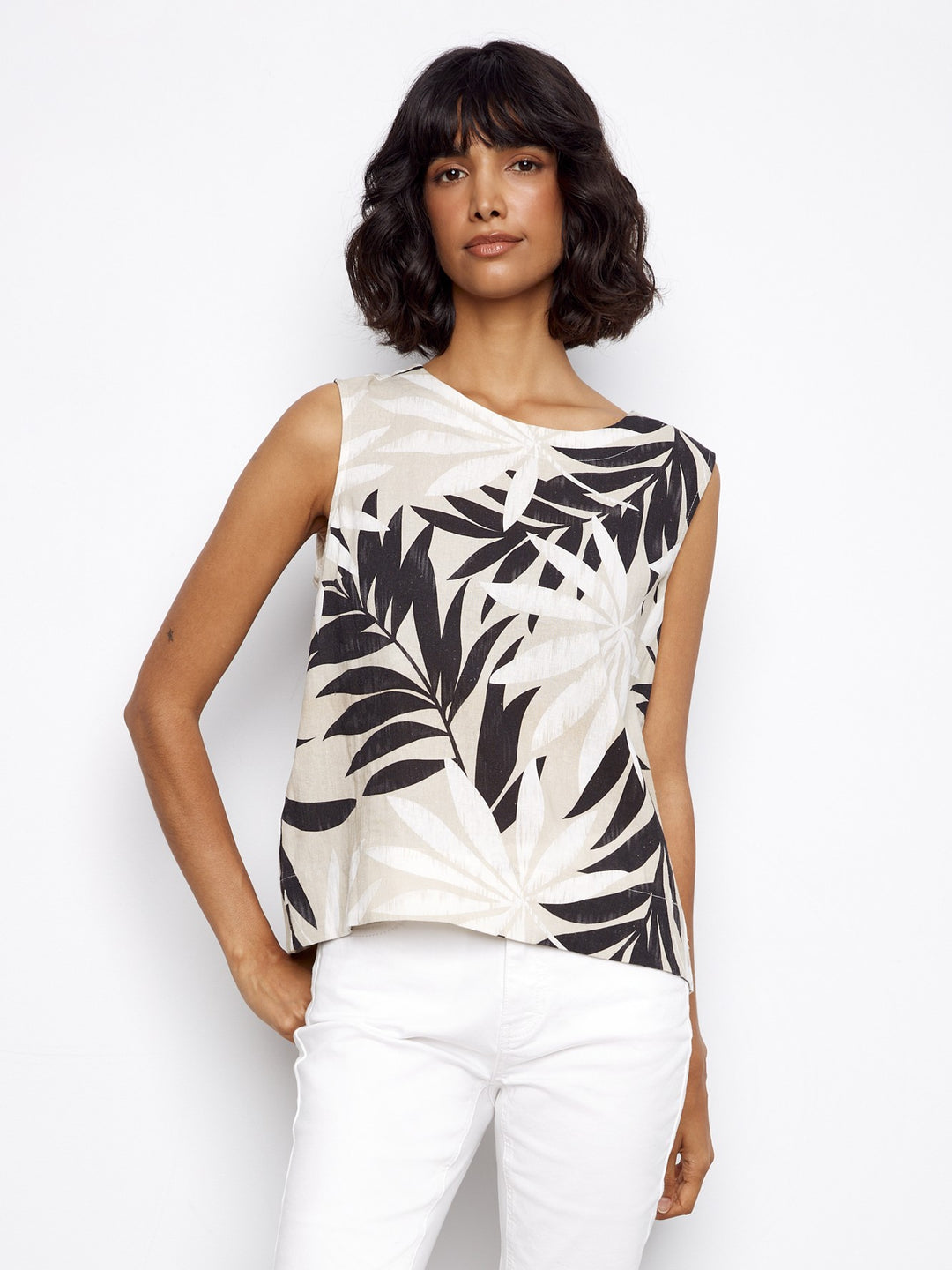 Leaflet Print Top With Back Button Detail