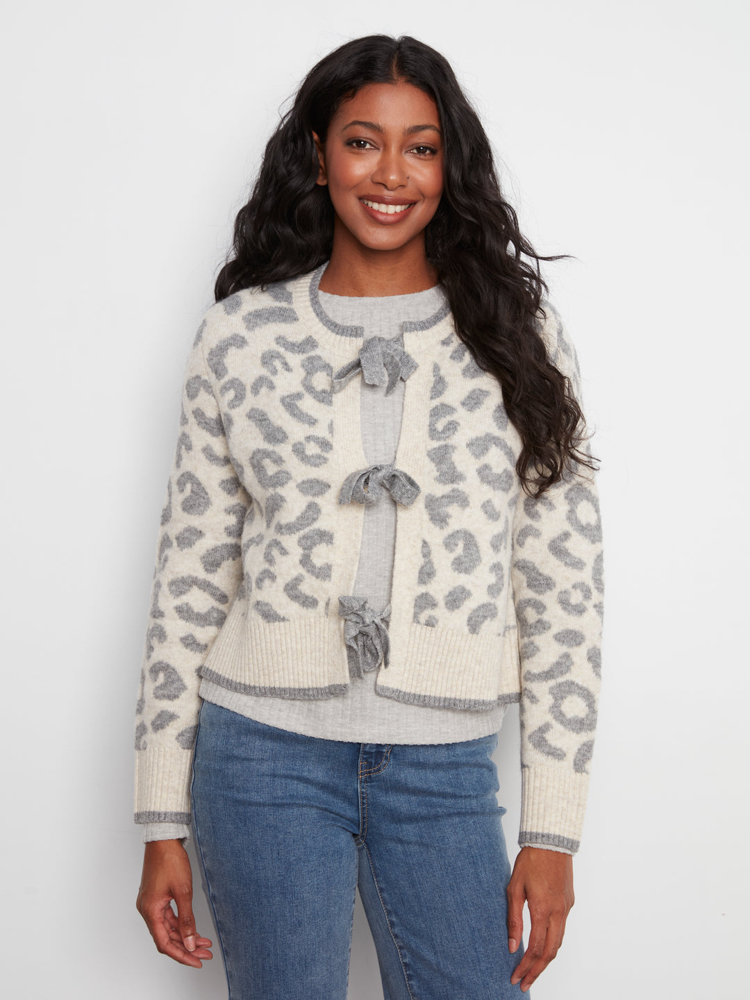 Leopard Jacquard Bow Tie Cardigan