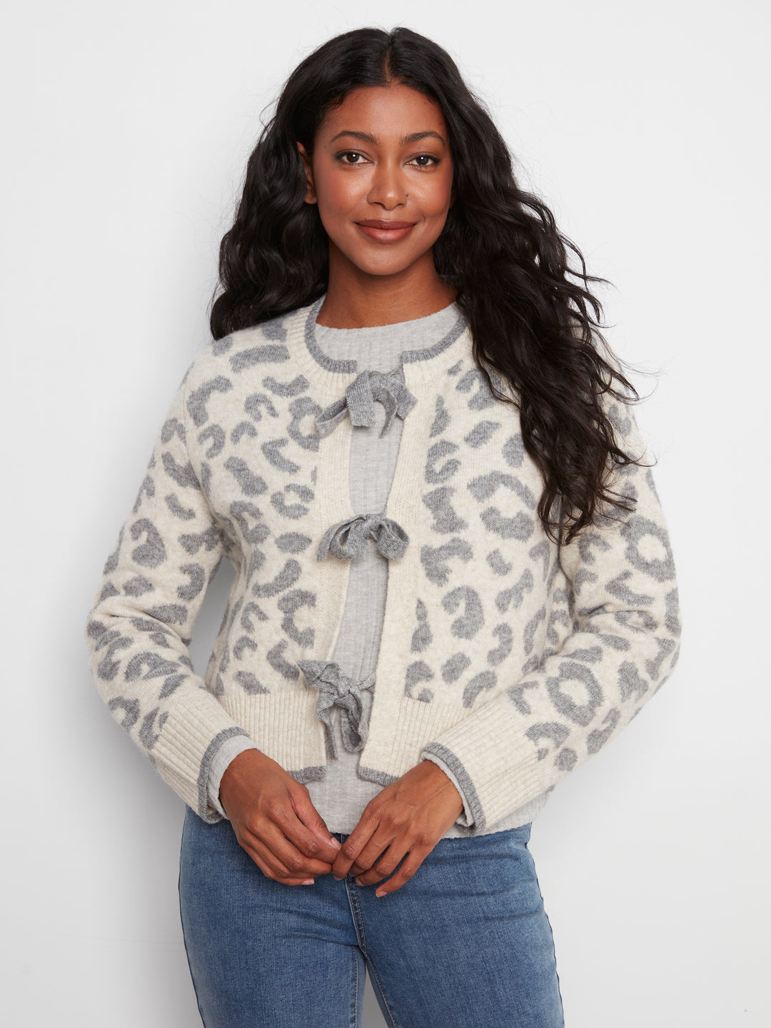 Leopard Jacquard Bow Tie Cardigan