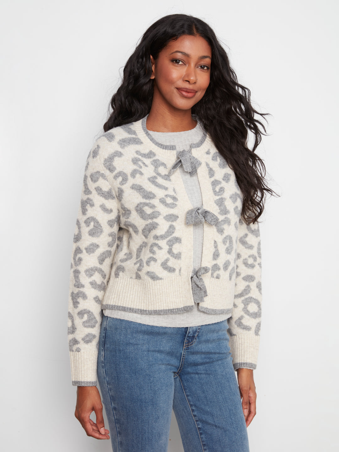 Leopard Jacquard Bow Tie Cardigan