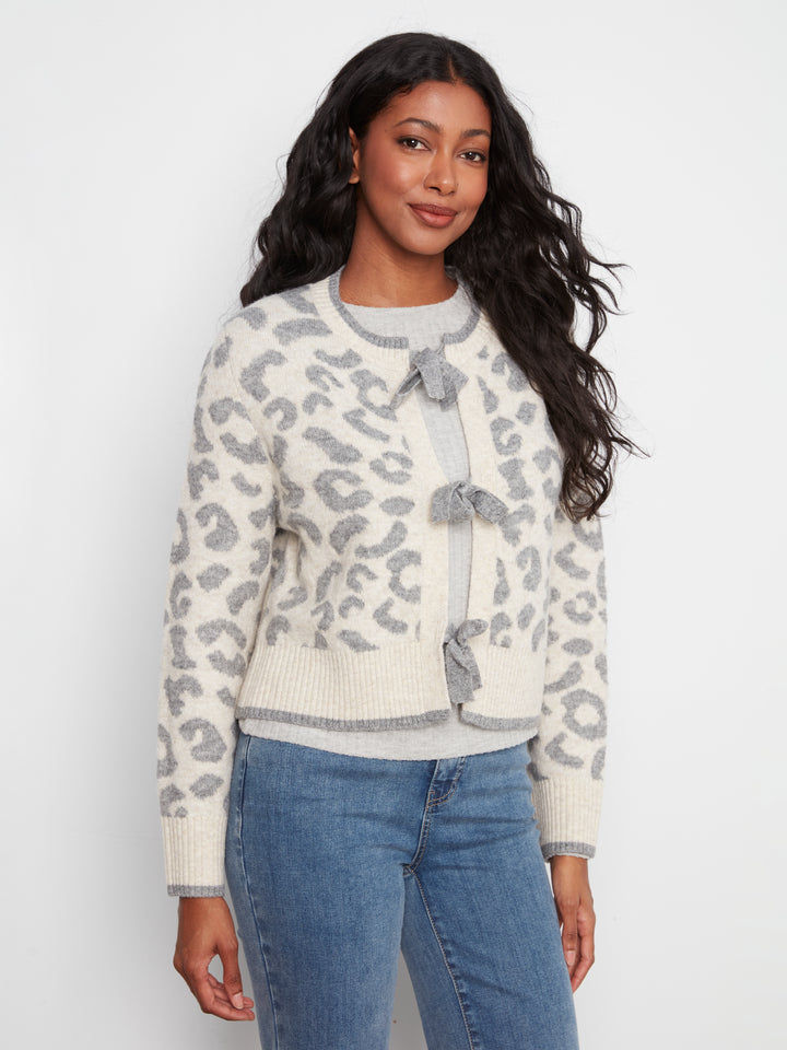 Leopard Jacquard Bow Tie Cardigan