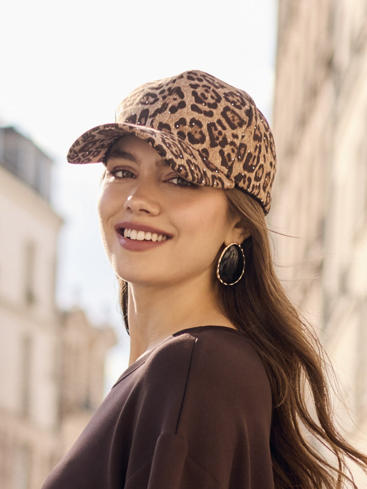 Leopard Print Ball Cap with Crystal Studs