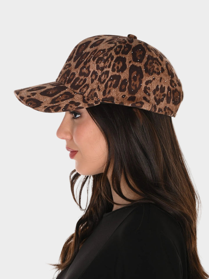 Leopard Print Ball Cap with Crystal Studs