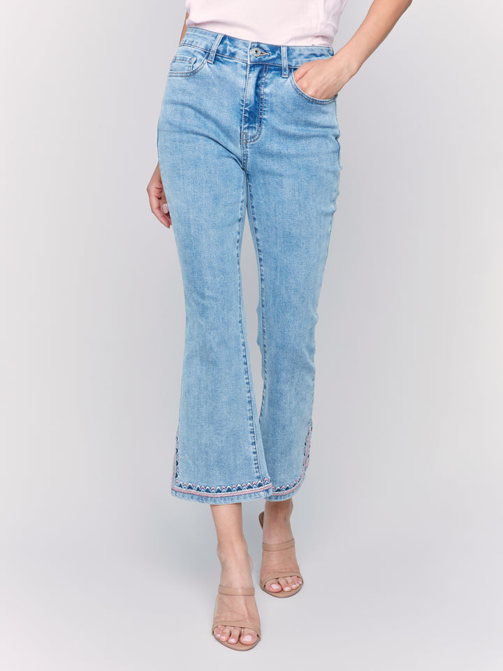 Light Blue Embroidered Hem Bootcut Jean