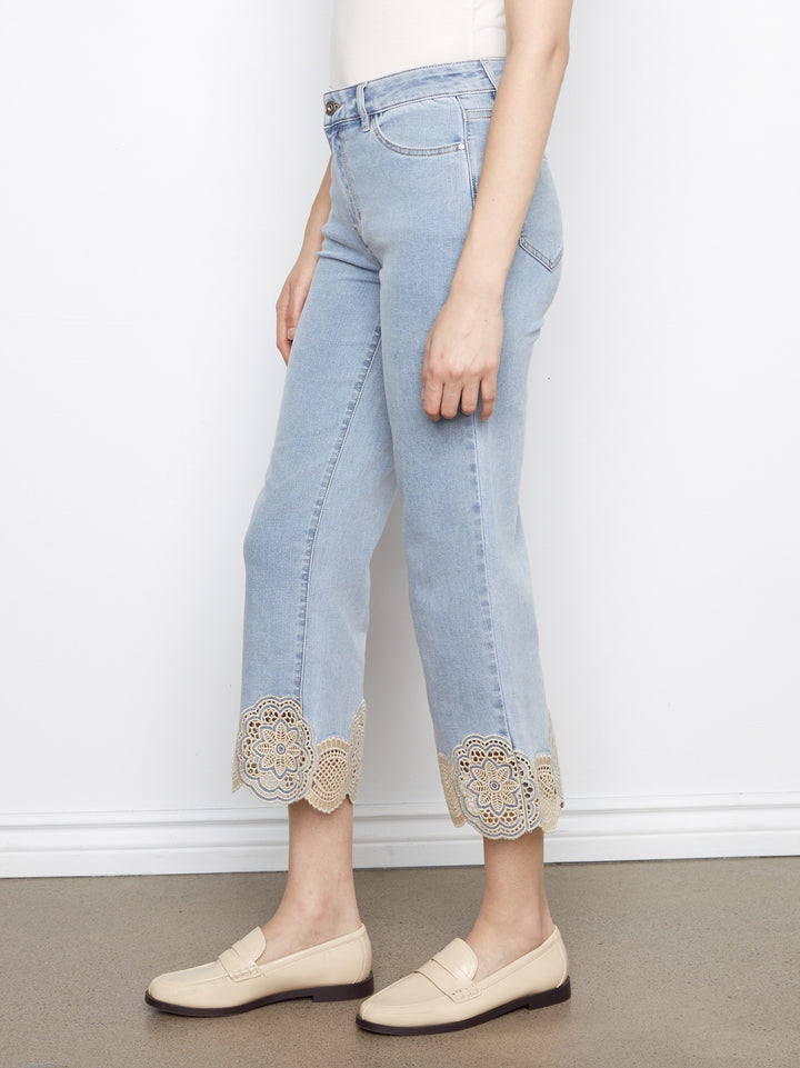 Light Blue Laser Cut Lace Flare Jean