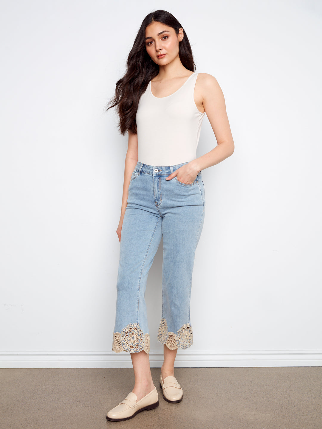 Light Blue Laser Cut Lace Flare Jean