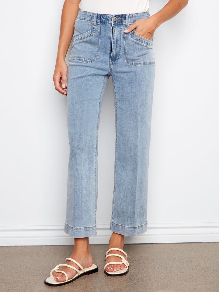 Light Blue Patch Pocket Cropped Wide Leg Jean