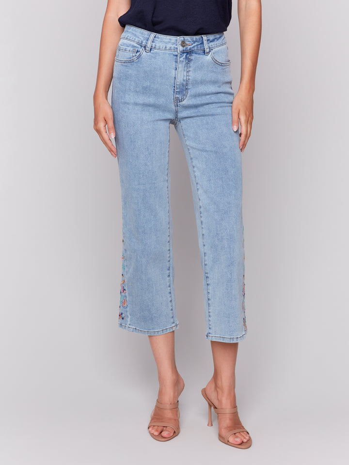 Light Blue Side Embroidered Flare Crop Jean