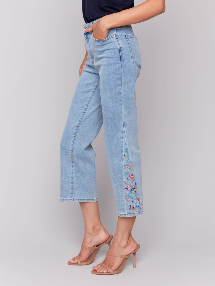 Light Blue Side Embroidered Flare Crop Jean