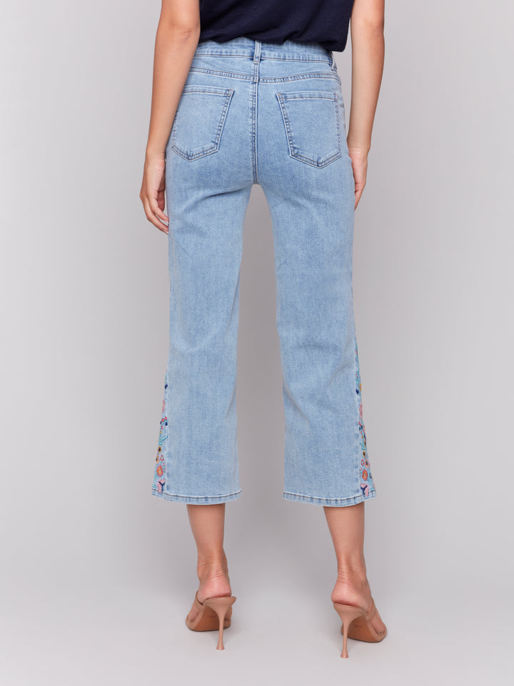 Light Blue Side Embroidered Flare Crop Jean