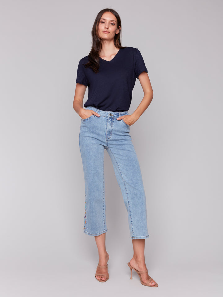 Light Blue Side Embroidered Flare Crop Jean