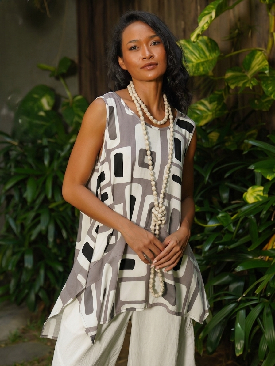 Magali Ecru Print Asymmetrical Tunic