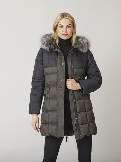Mary Colour Blocked Down Coat with Fur Trimmed Hood