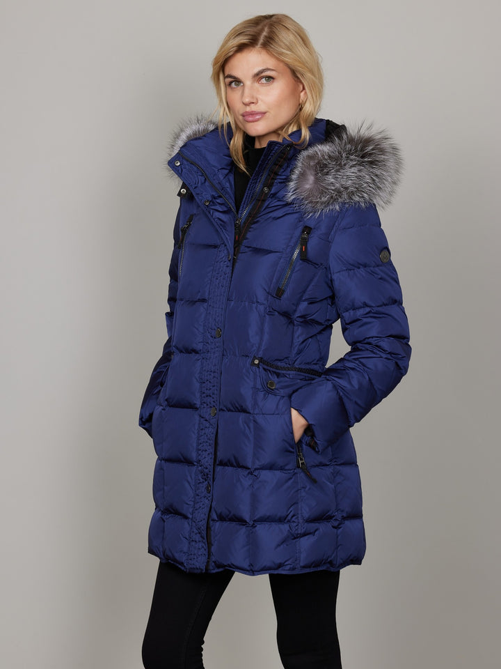 Mary Midnight Blue Down Coat With Fur Trimmed Hood
