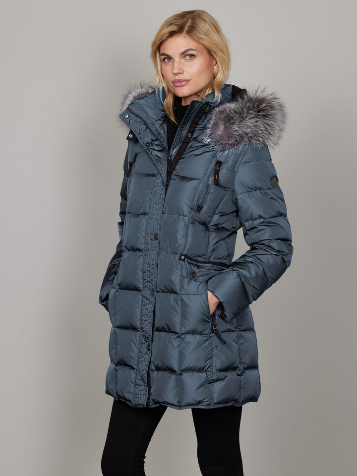 Mary Steel Blue Down Coat With Fur Trimmed Hood