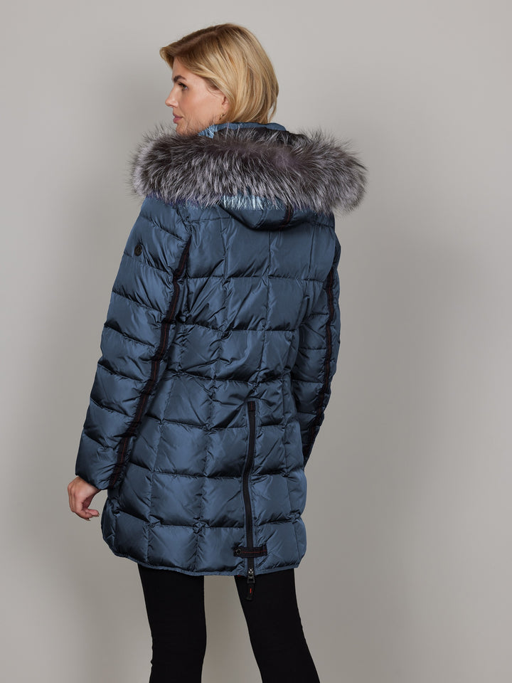 Mary Steel Blue Down Coat With Fur Trimmed Hood