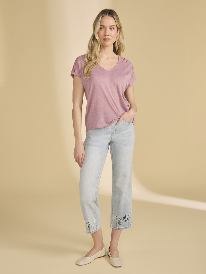 Embroidered Flower Straight Crop Jean