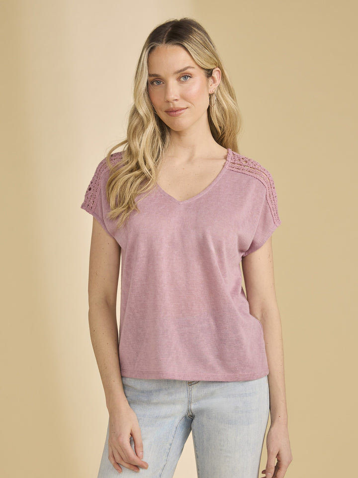 Mauve Crochet Shoulder V-Neck Top