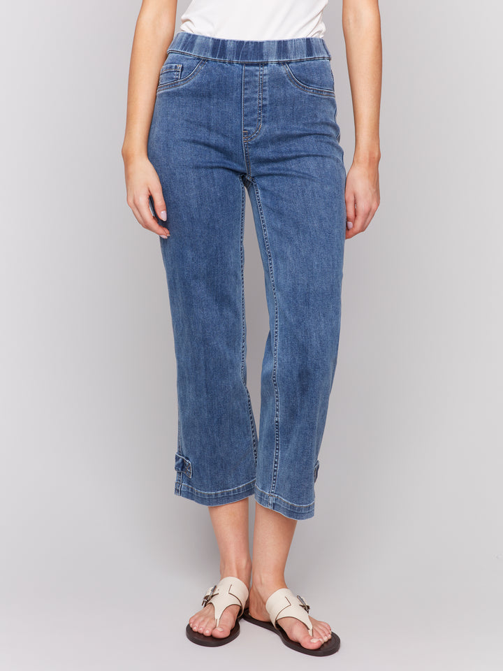 Medium Blue Button Tab Pull On Crop Jean