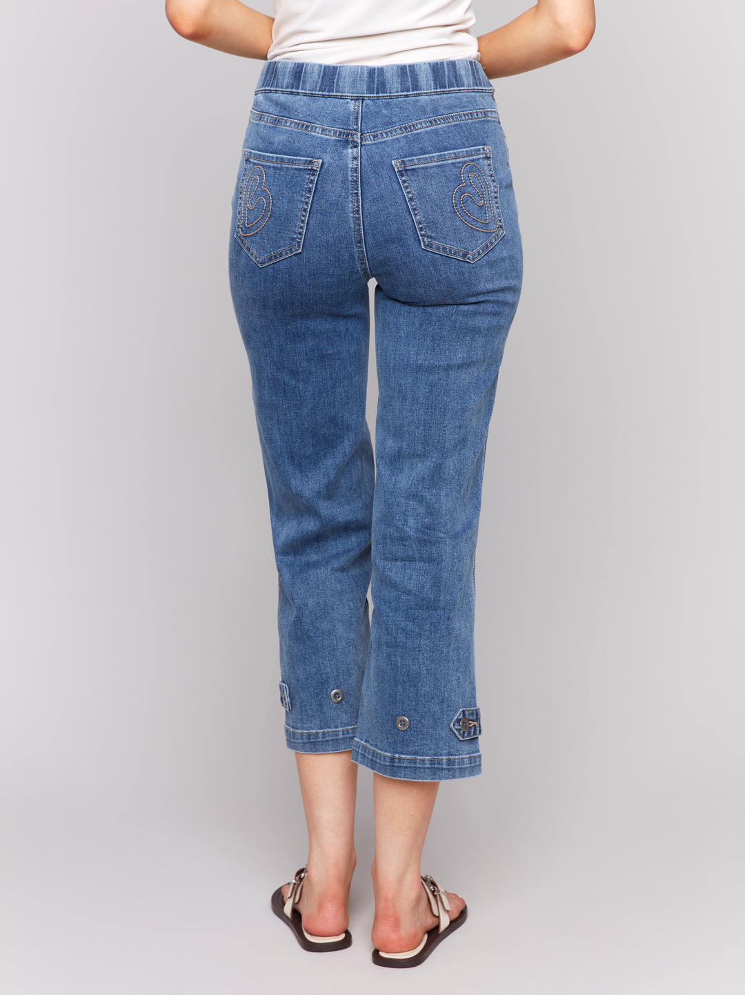 Medium Blue Button Tab Pull On Crop Jean