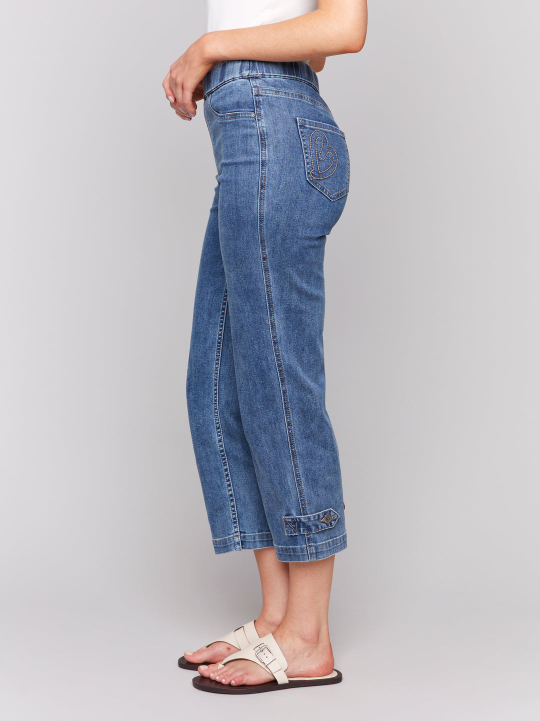 Medium Blue Button Tab Pull On Crop Jean