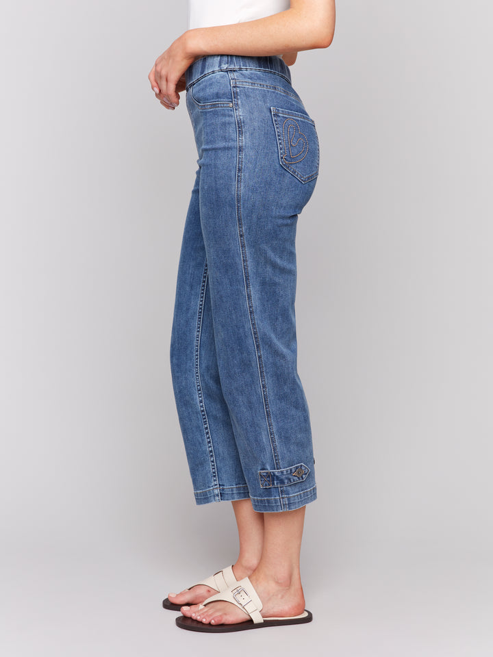 Medium Blue Button Tab Pull On Crop Jean