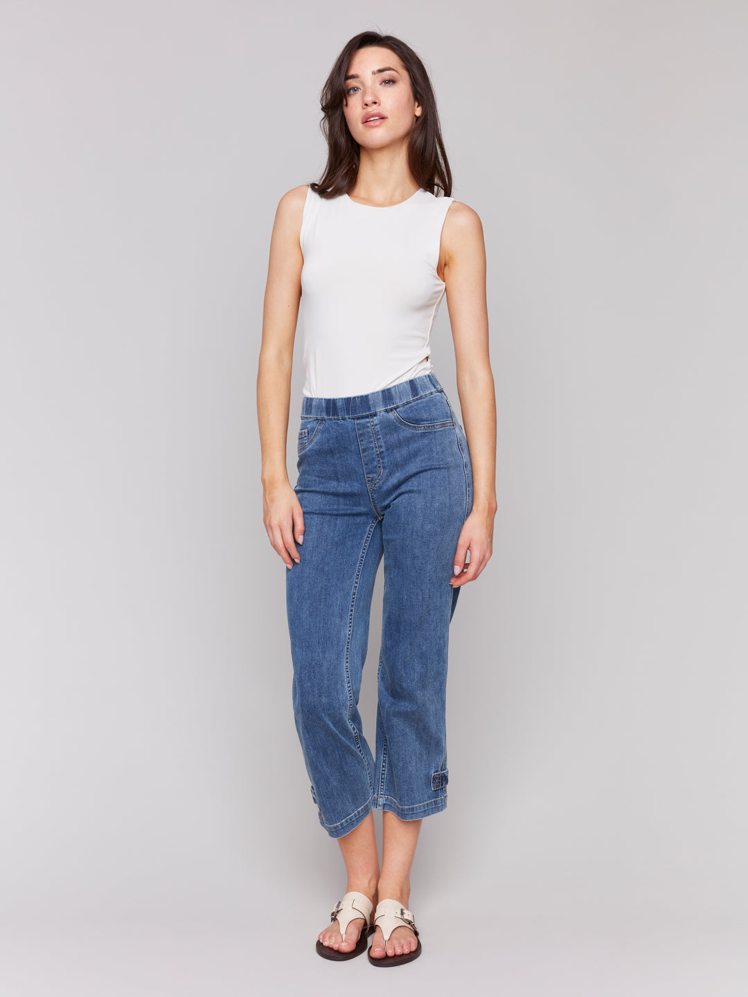 Medium Blue Button Tab Pull On Crop Jean