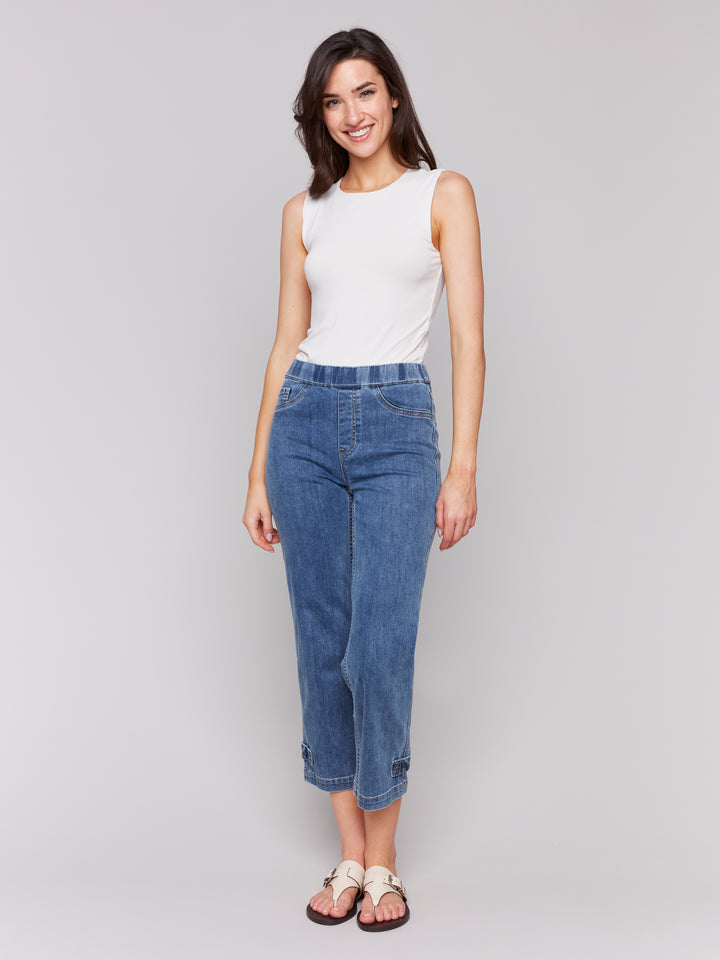 Medium Blue Button Tab Pull On Crop Jean