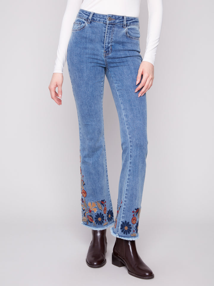Medium Blue Colourful Embroidered Flare Leg Jean