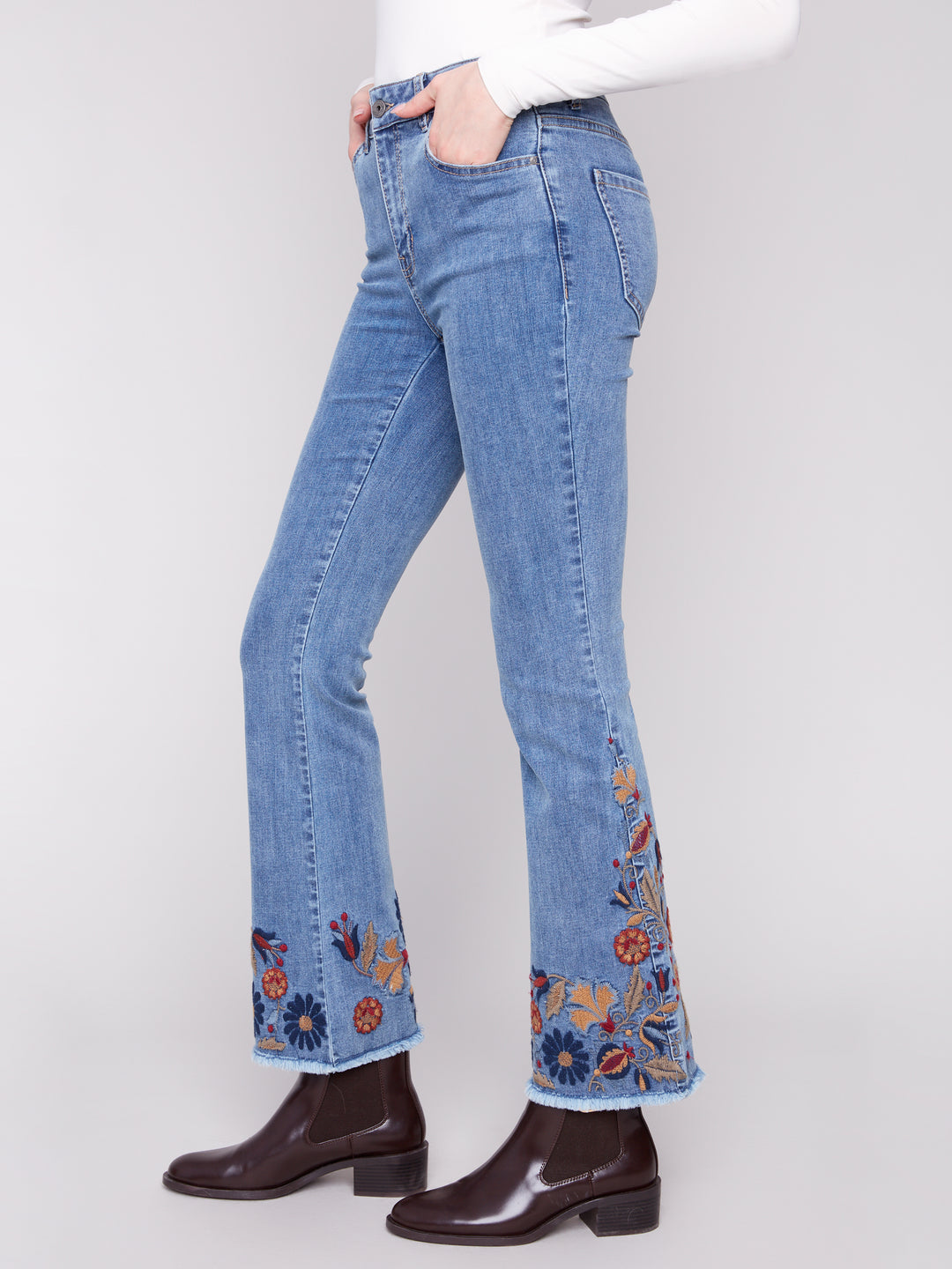 Medium Blue Colourful Embroidered Flare Leg Jean