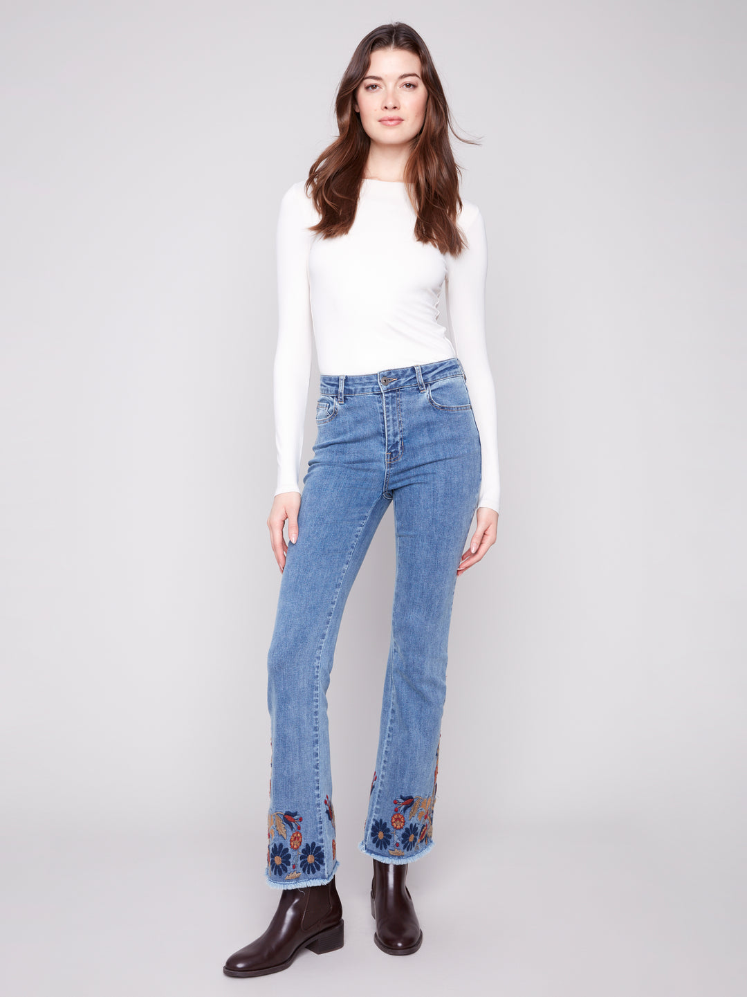 Medium Blue Colourful Embroidered Flare Leg Jean